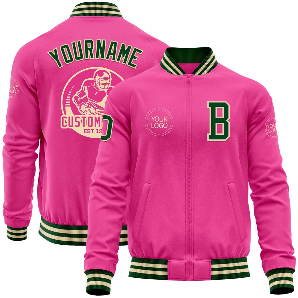 Custom Pink Green Cream Bomber Varsity Letterman Zipper Jacket, Custom Team Jacket Custom Pink Green Cream Bomber Varsity Letterman Zipper Jacket, Custom Team Jacket
