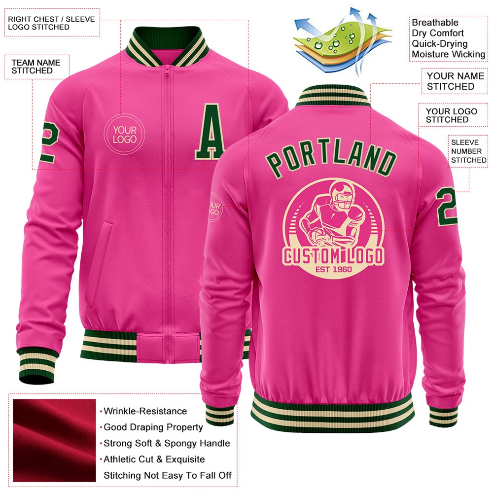 Custom Pink Green Cream Bomber Varsity Letterman Zipper Jacket, Custom Team Jacket Custom Pink Green Cream Bomber Varsity Letterman Zipper Jacket, Custom Team Jacket