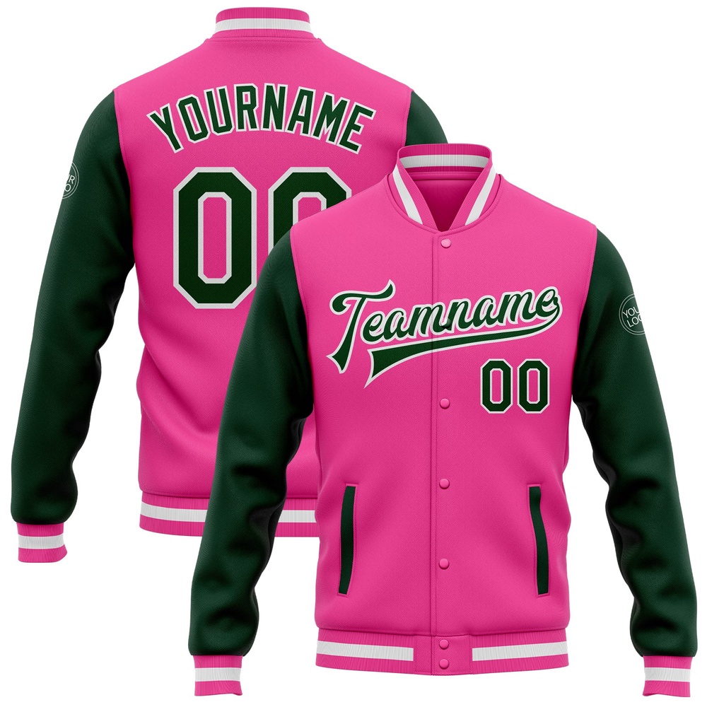 Custom Pink Green White Bomber Full Snap Varsity Baseball Jacket, Custom Team Jacket Custom Pink Green White Bomber Full Snap Varsity Baseball Jacket, Custom Team Jacket