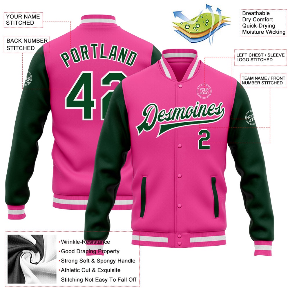 Custom Pink Green White Bomber Full Snap Varsity Baseball Jacket, Custom Team Jacket Custom Pink Green White Bomber Full Snap Varsity Baseball Jacket, Custom Team Jacket