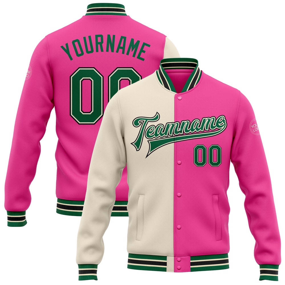 Custom Pink Kelly Green Cream Black Bomber Full Snap Varsity Letterman Split Fashion Jacket, Custom Team Jacket Custom Pink Kelly Green Cream Black Bomber Full Snap Varsity Letterman Split Fashion Jacket, Custom Team Jacket