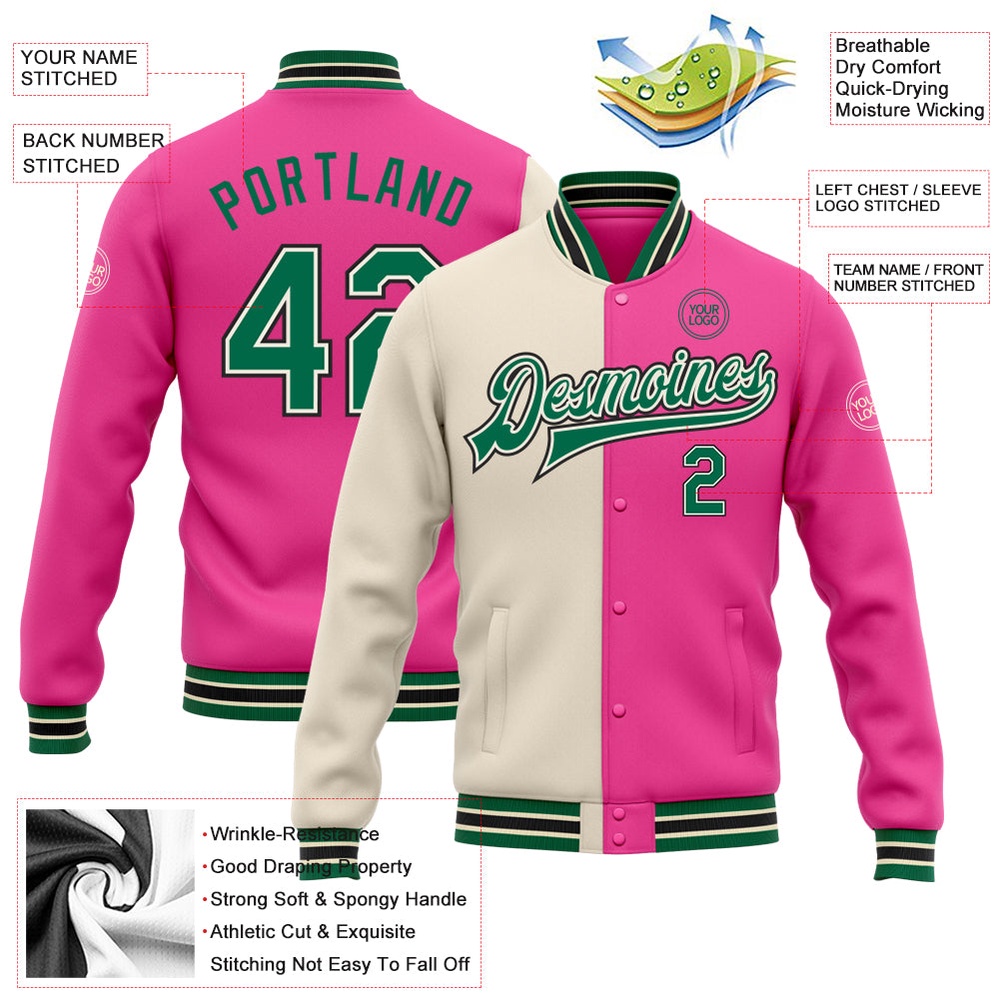 Custom Pink Kelly Green Cream Black Bomber Full Snap Varsity Letterman Split Fashion Jacket, Custom Team Jacket Custom Pink Kelly Green Cream Black Bomber Full Snap Varsity Letterman Split Fashion Jacket, Custom Team Jacket