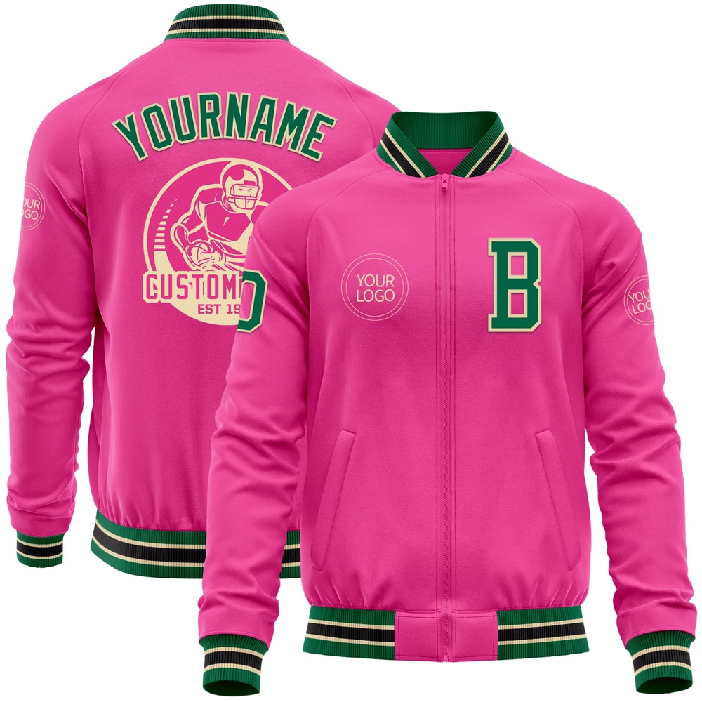 Custom Pink Kelly Green Cream Black Bomber Varsity Baseball Jacket, Custom Team Jacket Custom Pink Kelly Green Cream Black Bomber Varsity Baseball Jacket, Custom Team Jacket