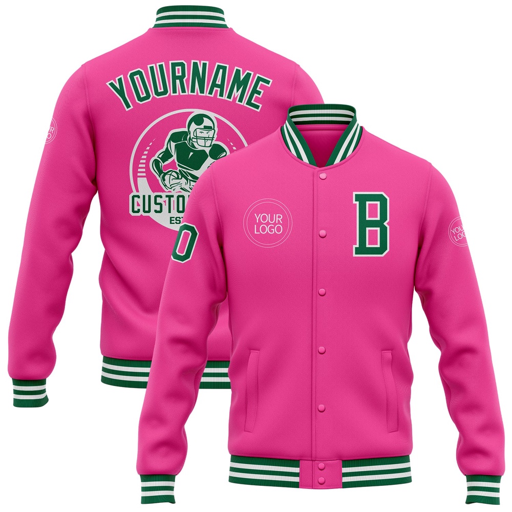 Custom Pink Kelly Green White Bomber Full Snap Baseball Jacket, Custom Team Jacket Custom Pink Kelly Green White Bomber Full Snap Baseball Jacket, Custom Team Jacket