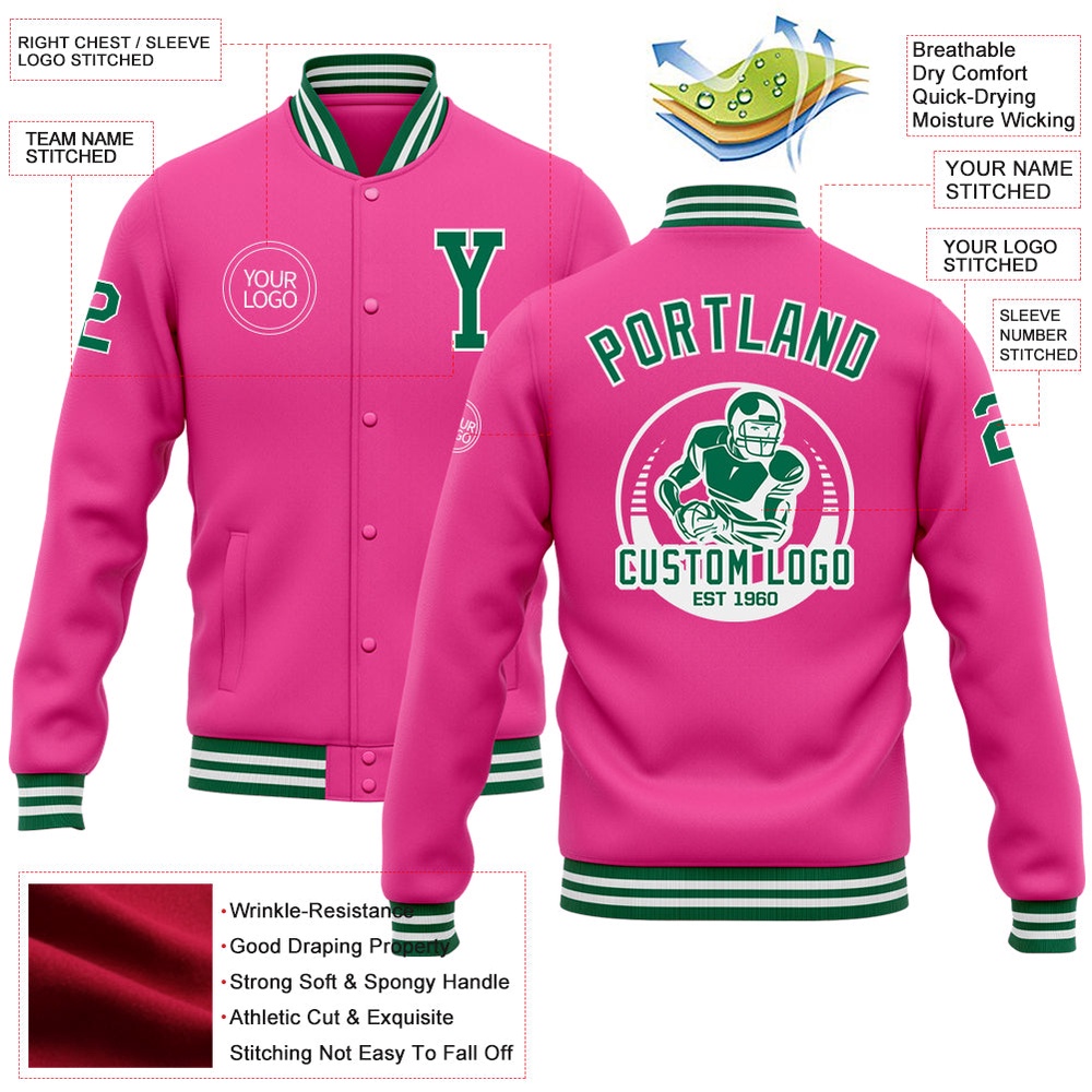 Custom Pink Kelly Green White Bomber Full Snap Baseball Jacket, Custom Team Jacket Custom Pink Kelly Green White Bomber Full Snap Baseball Jacket, Custom Team Jacket