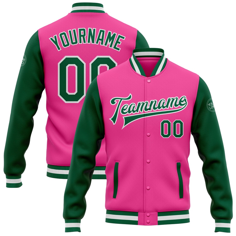 Custom Pink Kelly Green White Bomber Full Snap Varsity Baseball Jacket, Custom Team Jacket Custom Pink Kelly Green White Bomber Full Snap Varsity Baseball Jacket, Custom Team Jacket