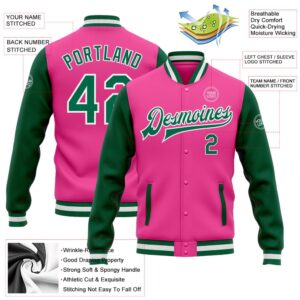 Custom Pink Kelly Green White Bomber Full Snap Varsity Baseball Jacket Custom Team Jacket 2 wu9ian.jpg