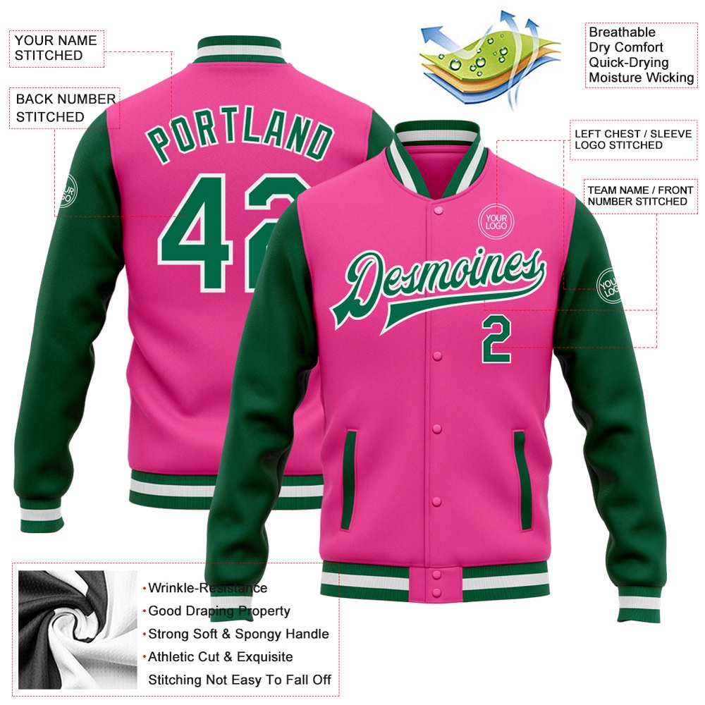Custom Pink Kelly Green White Bomber Full Snap Varsity Baseball Jacket, Custom Team Jacket Custom Pink Kelly Green White Bomber Full Snap Varsity Baseball Jacket, Custom Team Jacket