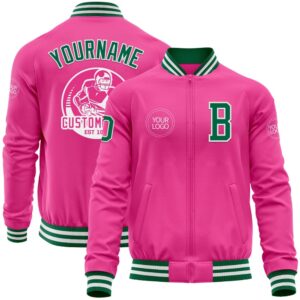 Custom Pink Kelly Green White Bomber Varsity…
