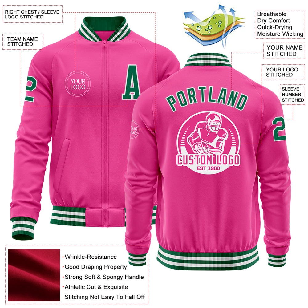 Custom Pink Kelly Green White Bomber Varsity Baseball Jacket, Custom Team Jacket Custom Pink Kelly Green White Bomber Varsity Baseball Jacket, Custom Team Jacket