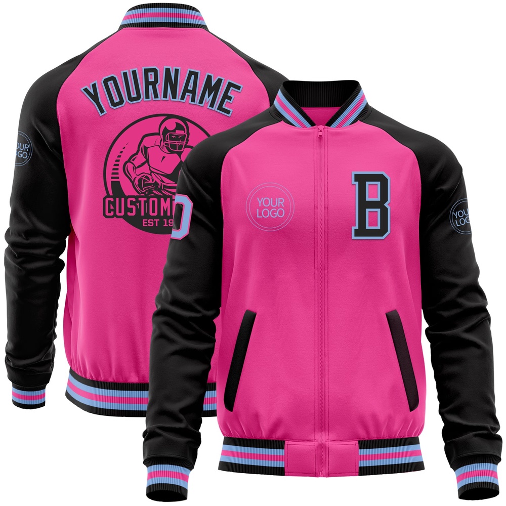 Custom Pink Light Blue Black Bomber Varsity Baseball Jacket, Custom Team Jacket Custom Pink Light Blue Black Bomber Varsity Baseball Jacket, Custom Team Jacket