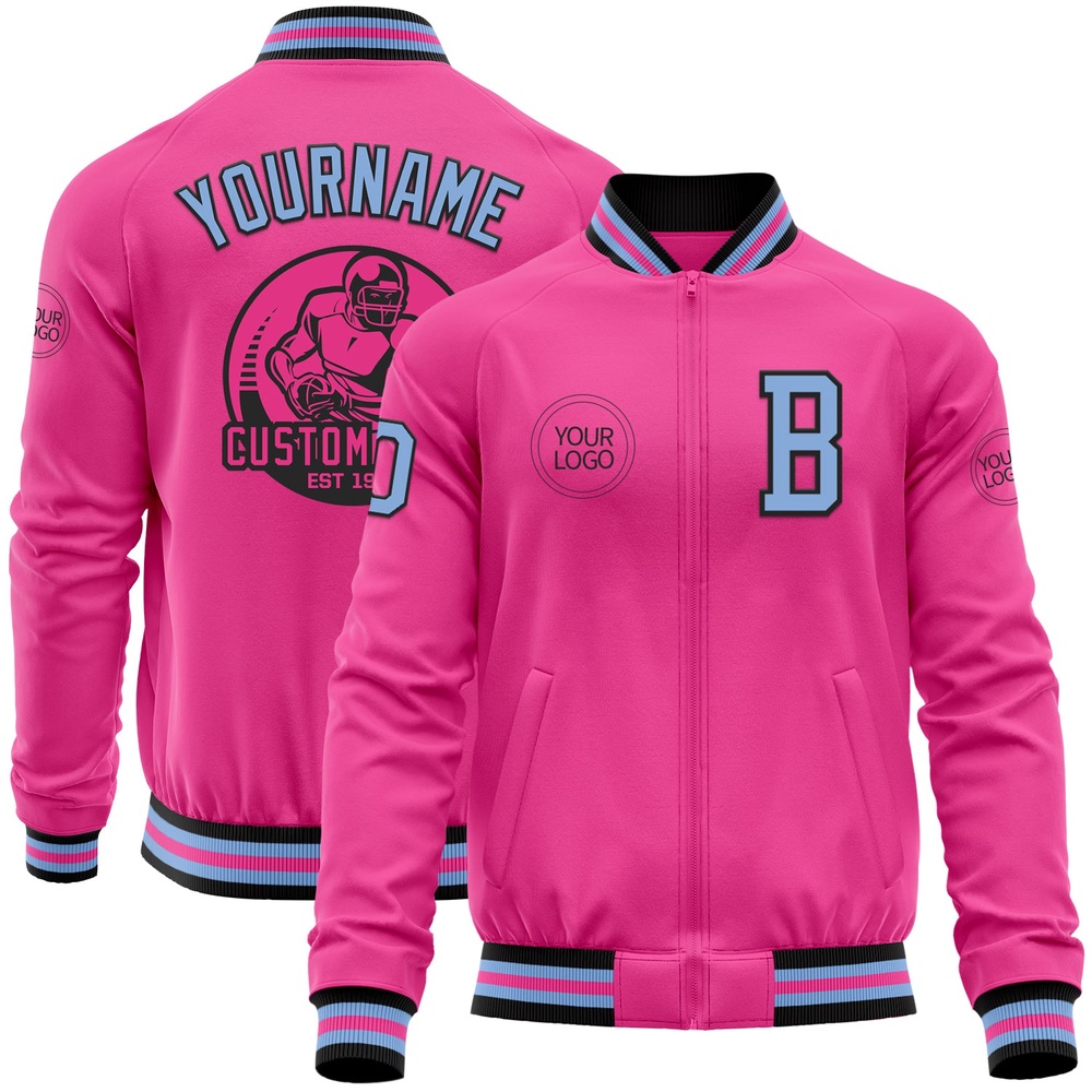 Custom Pink Light Blue Black Bomber Varsity Letterman Zipper Jacket, Custom Team Jacket Custom Pink Light Blue Black Bomber Varsity Letterman Zipper Jacket, Custom Team Jacket