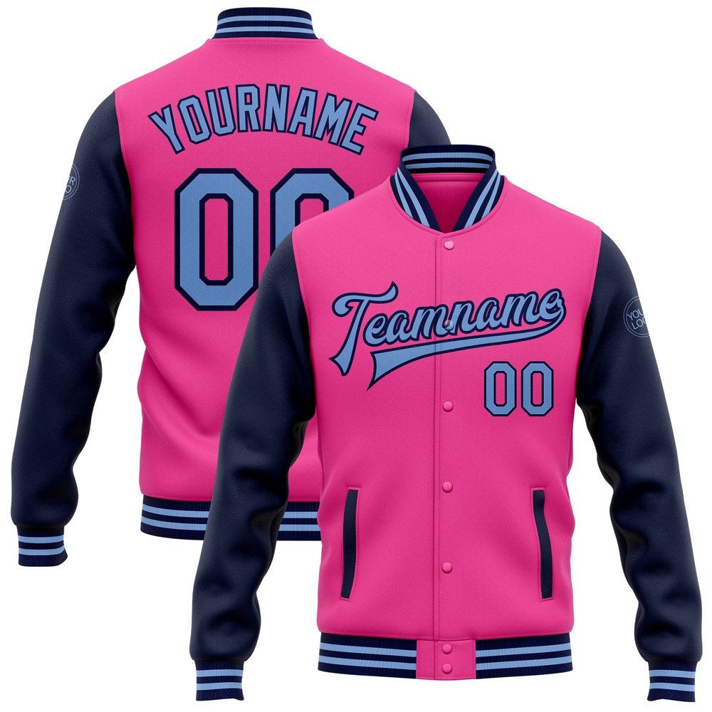 Custom Pink Light Blue Navy Bomber Full Snap Varsity Baseball Jacket, Custom Team Jacket Custom Pink Light Blue Navy Bomber Full Snap Varsity Baseball Jacket, Custom Team Jacket
