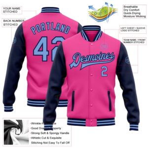 Custom Pink Light Blue Navy Bomber Full Snap Varsity Baseball Jacket Custom Team Jacket 2 pplcn6.jpg