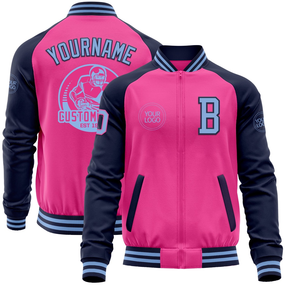 Custom Pink Light Blue Navy Bomber Varsity Baseball Jacket, Custom Team Jacket Custom Pink Light Blue Navy Bomber Varsity Baseball Jacket, Custom Team Jacket