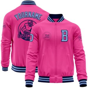 Custom Pink Light Blue Navy Bomber Varsity…
