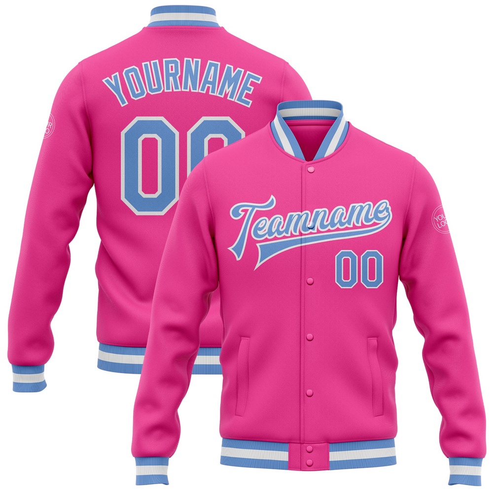 Custom Pink Light Blue White Bomber Full Snap Baseball Jacket, Custom Team Jacket Custom Pink Light Blue White Bomber Full Snap Baseball Jacket, Custom Team Jacket