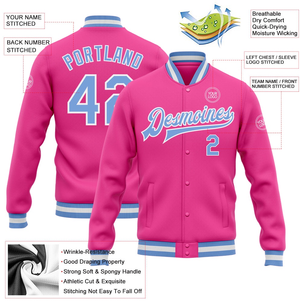 Custom Pink Light Blue White Bomber Full Snap Baseball Jacket, Custom Team Jacket Custom Pink Light Blue White Bomber Full Snap Baseball Jacket, Custom Team Jacket