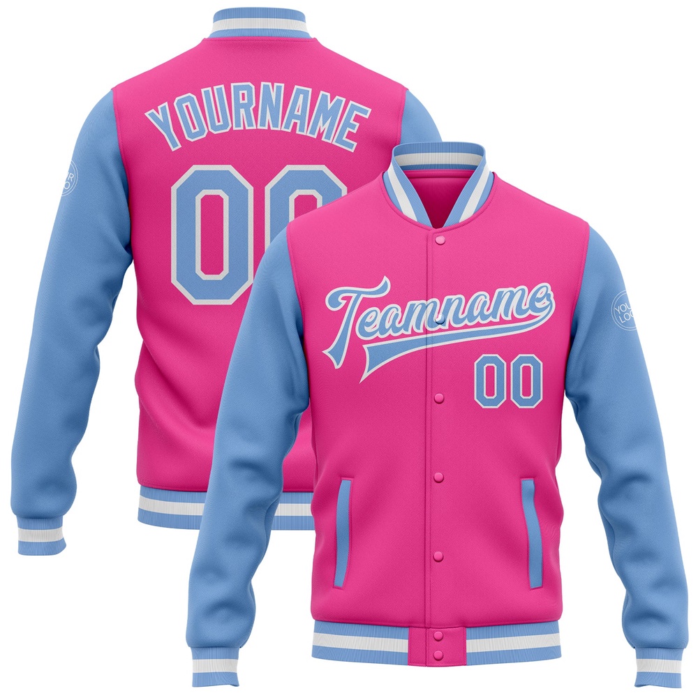Custom Pink Light Blue White Bomber Full Snap Varsity Baseball Jacket, Custom Team Jacket Custom Pink Light Blue White Bomber Full Snap Varsity Baseball Jacket, Custom Team Jacket