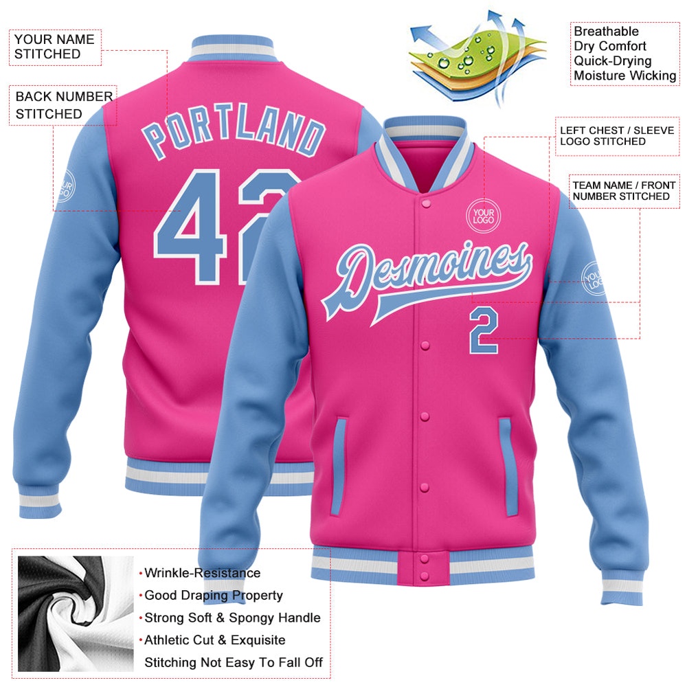 Custom Pink Light Blue White Bomber Full Snap Varsity Baseball Jacket, Custom Team Jacket Custom Pink Light Blue White Bomber Full Snap Varsity Baseball Jacket, Custom Team Jacket