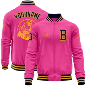 Custom Pink Navy Gold Bomber Varsity Baseball…