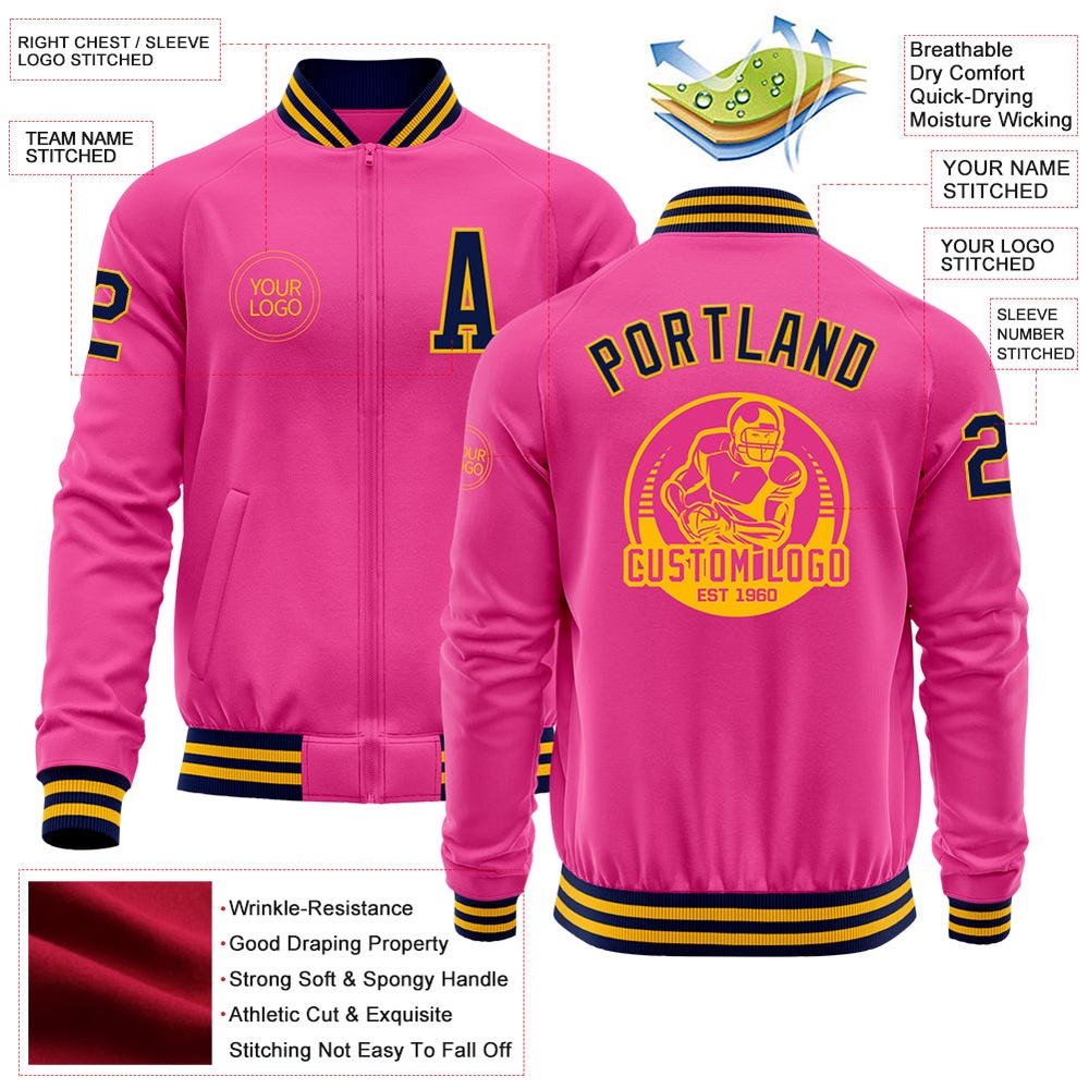 Custom Pink Navy Gold Bomber Varsity Baseball Jacket, Custom Team Jacket Custom Pink Navy Gold Bomber Varsity Baseball Jacket, Custom Team Jacket