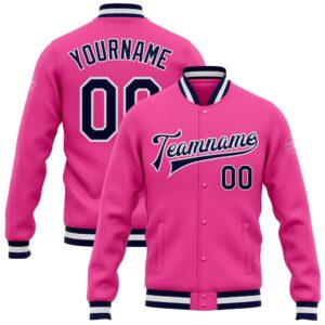 Custom Pink Navy White Bomber Full Snap…