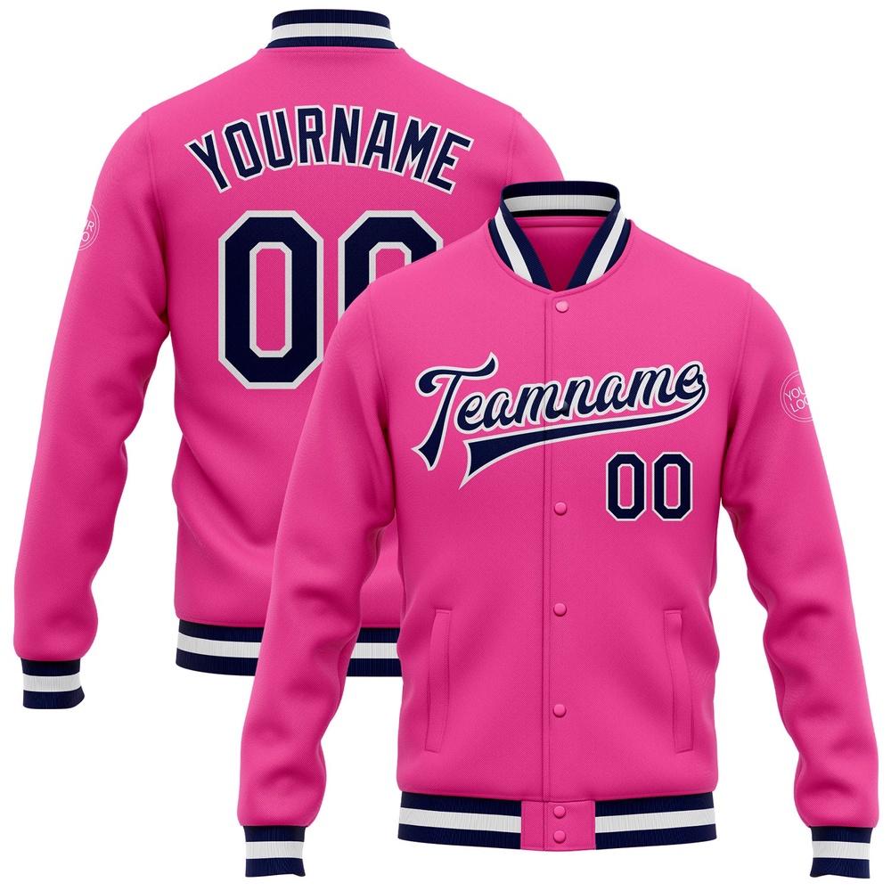Custom Pink Navy White Bomber Full Snap Baseball Jacket, Custom Team Jacket Custom Pink Navy White Bomber Full Snap Baseball Jacket, Custom Team Jacket