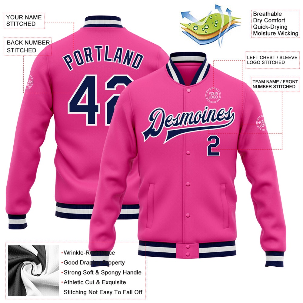 Custom Pink Navy White Bomber Full Snap Baseball Jacket, Custom Team Jacket Custom Pink Navy White Bomber Full Snap Baseball Jacket, Custom Team Jacket