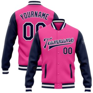 Custom Pink Navy White Bomber Full Snap…