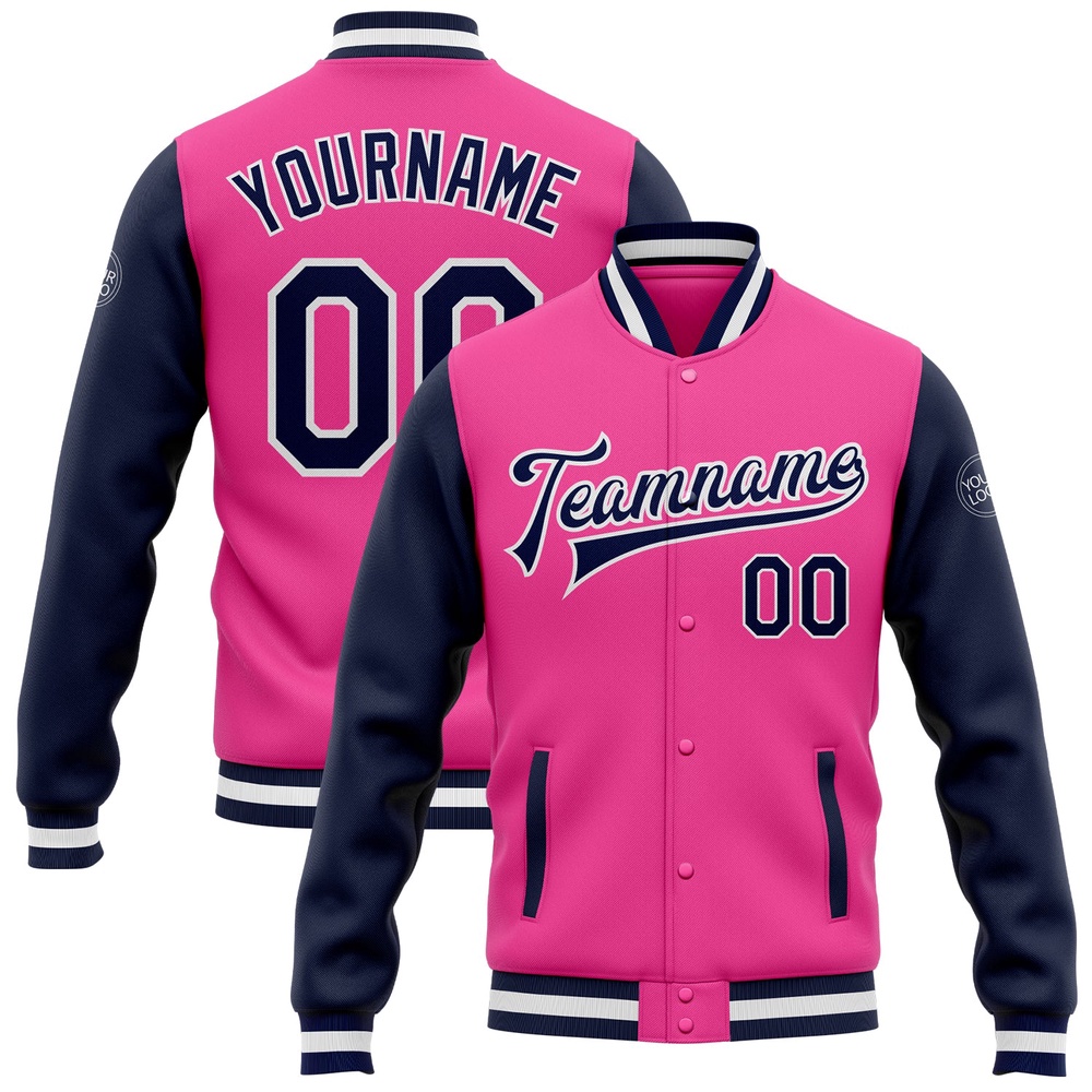 Custom Pink Navy White Bomber Full Snap Varsity Baseball Jacket, Custom Team Jacket Custom Pink Navy White Bomber Full Snap Varsity Baseball Jacket, Custom Team Jacket
