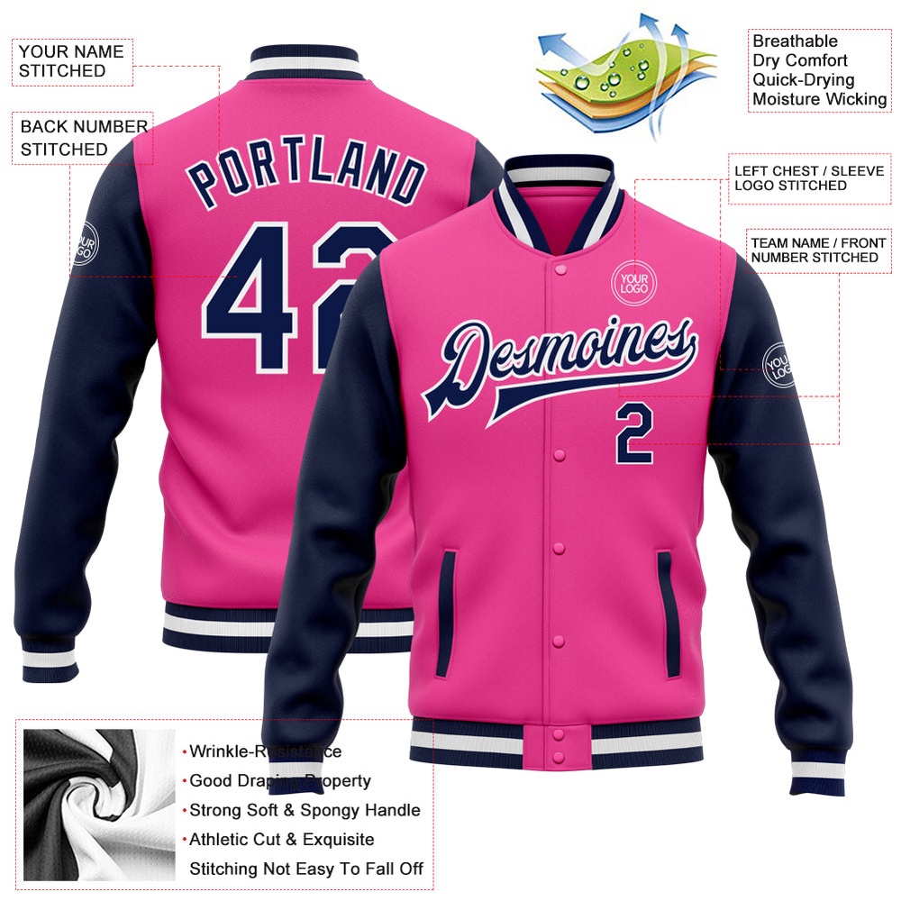 Custom Pink Navy White Bomber Full Snap Varsity Baseball Jacket, Custom Team Jacket Custom Pink Navy White Bomber Full Snap Varsity Baseball Jacket, Custom Team Jacket