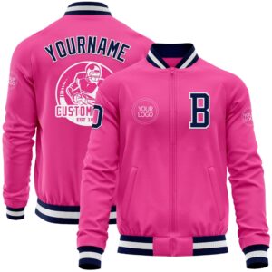 Custom Pink Navy White Bomber Varsity Baseball…
