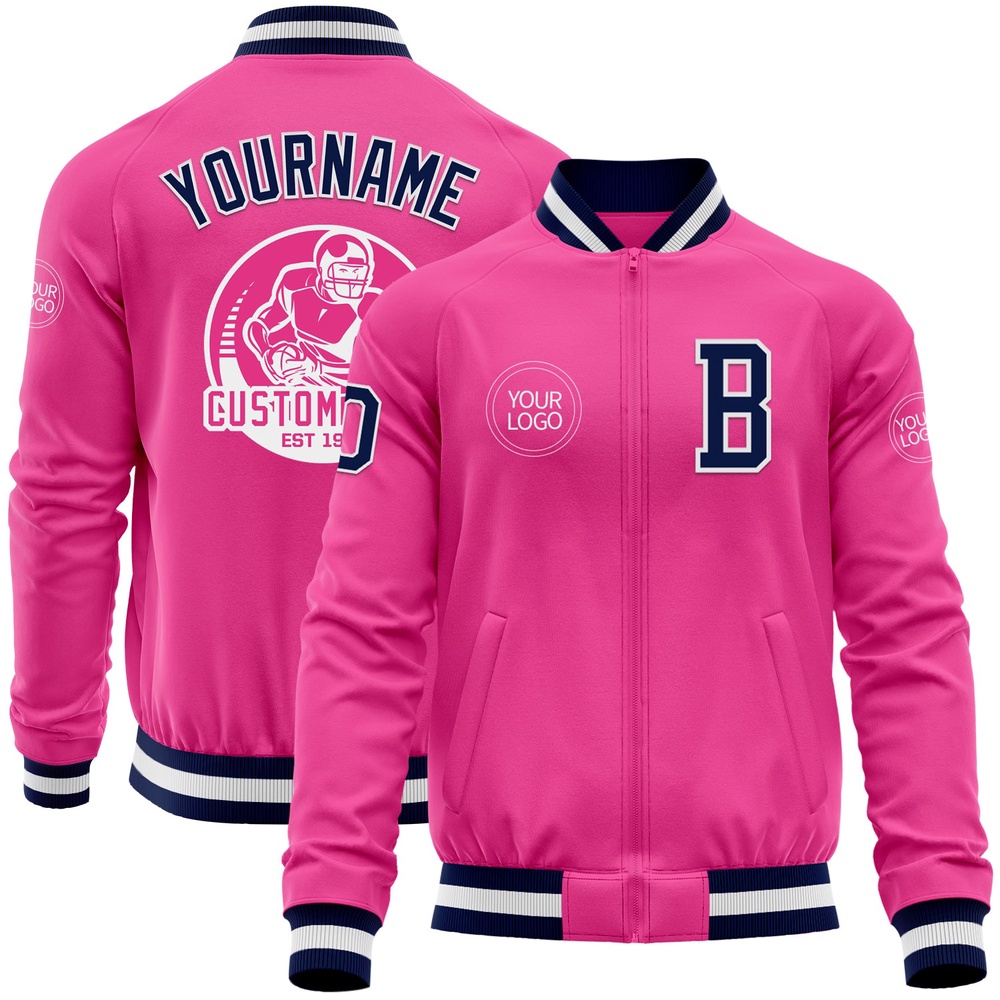 Custom Pink Navy White Bomber Varsity Baseball Jacket, Custom Team Jacket Custom Pink Navy White Bomber Varsity Baseball Jacket, Custom Team Jacket