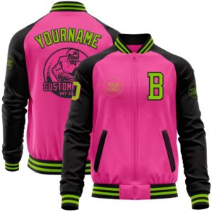 Custom Pink Neon Green Black Bomber Varsity…