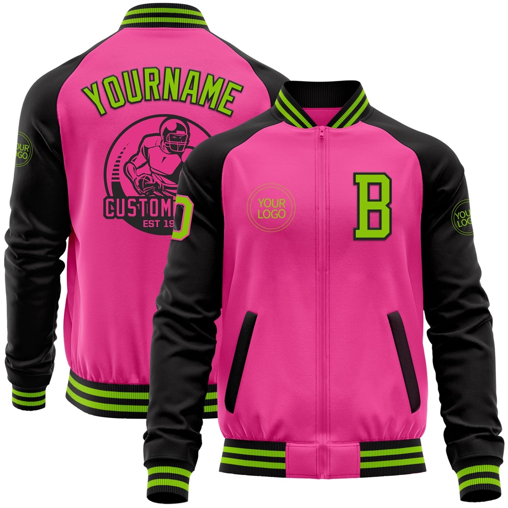Custom Pink Neon Green Black Bomber Varsity Baseball Jacket, Custom Team Jacket Custom Pink Neon Green Black Bomber Varsity Baseball Jacket, Custom Team Jacket