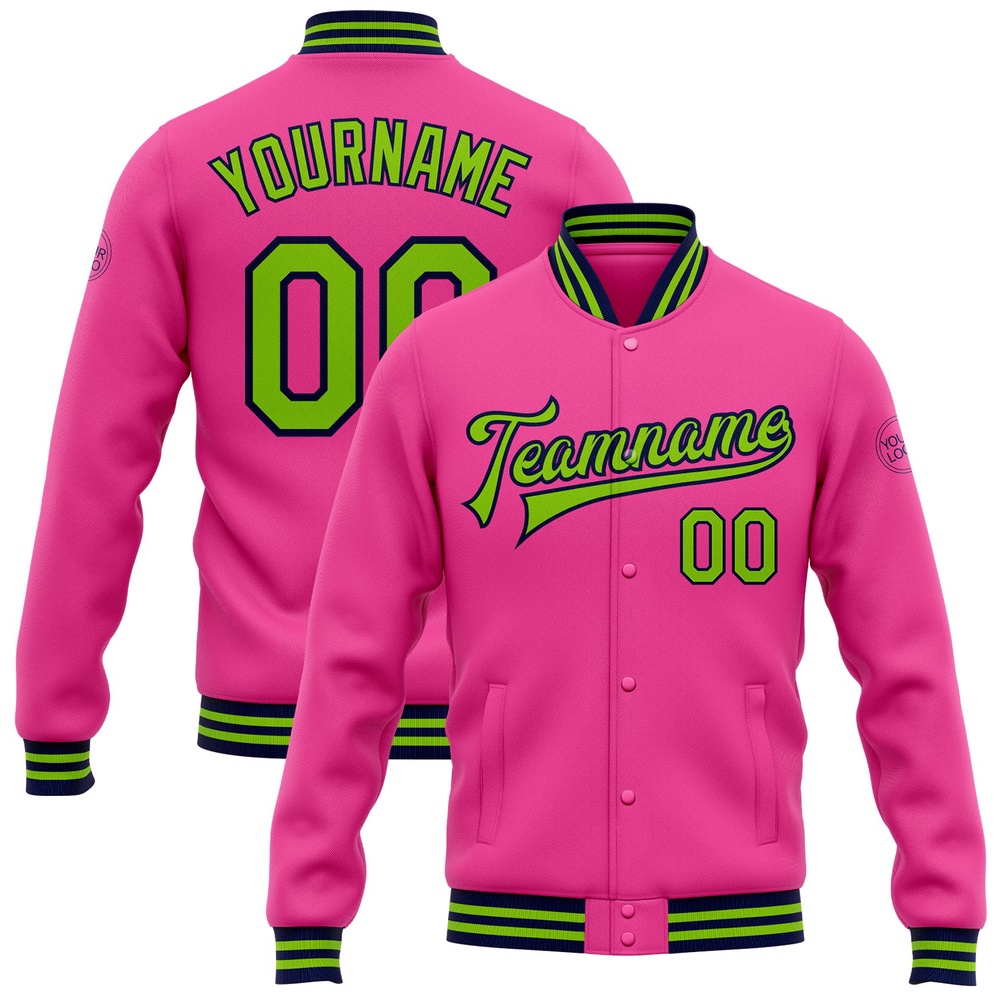 Custom Pink Neon Green Navy Bomber Full Snap Baseball Jacket, Custom Team Jacket Custom Pink Neon Green Navy Bomber Full Snap Baseball Jacket, Custom Team Jacket