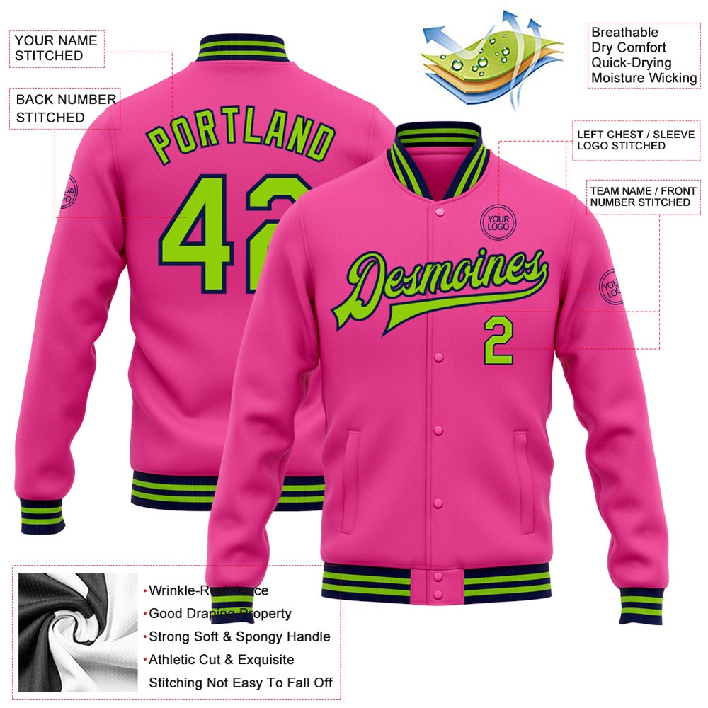 Custom Pink Neon Green Navy Bomber Full Snap Baseball Jacket, Custom Team Jacket Custom Pink Neon Green Navy Bomber Full Snap Baseball Jacket, Custom Team Jacket