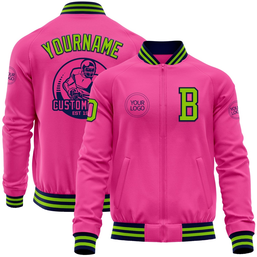 Custom Pink Neon Green Navy Bomber Varsity Baseball Jacket, Custom Team Jacket Custom Pink Neon Green Navy Bomber Varsity Baseball Jacket, Custom Team Jacket