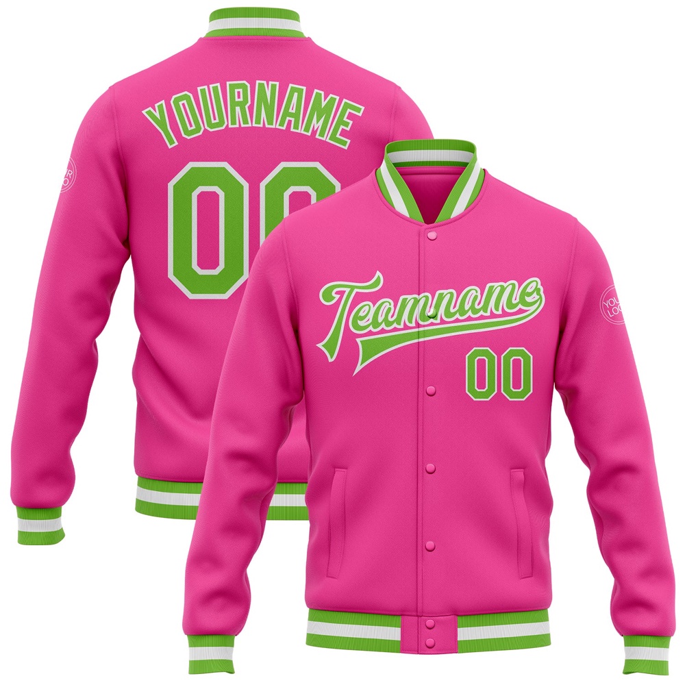 Custom Pink Neon Green White Bomber Full Snap Baseball Jacket, Custom Team Jacket Custom Pink Neon Green White Bomber Full Snap Baseball Jacket, Custom Team Jacket