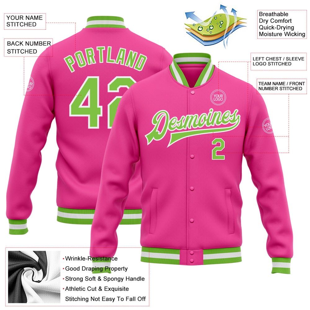 Custom Pink Neon Green White Bomber Full Snap Baseball Jacket, Custom Team Jacket Custom Pink Neon Green White Bomber Full Snap Baseball Jacket, Custom Team Jacket