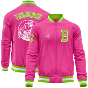 Custom Pink Neon Green White Bomber Varsity…