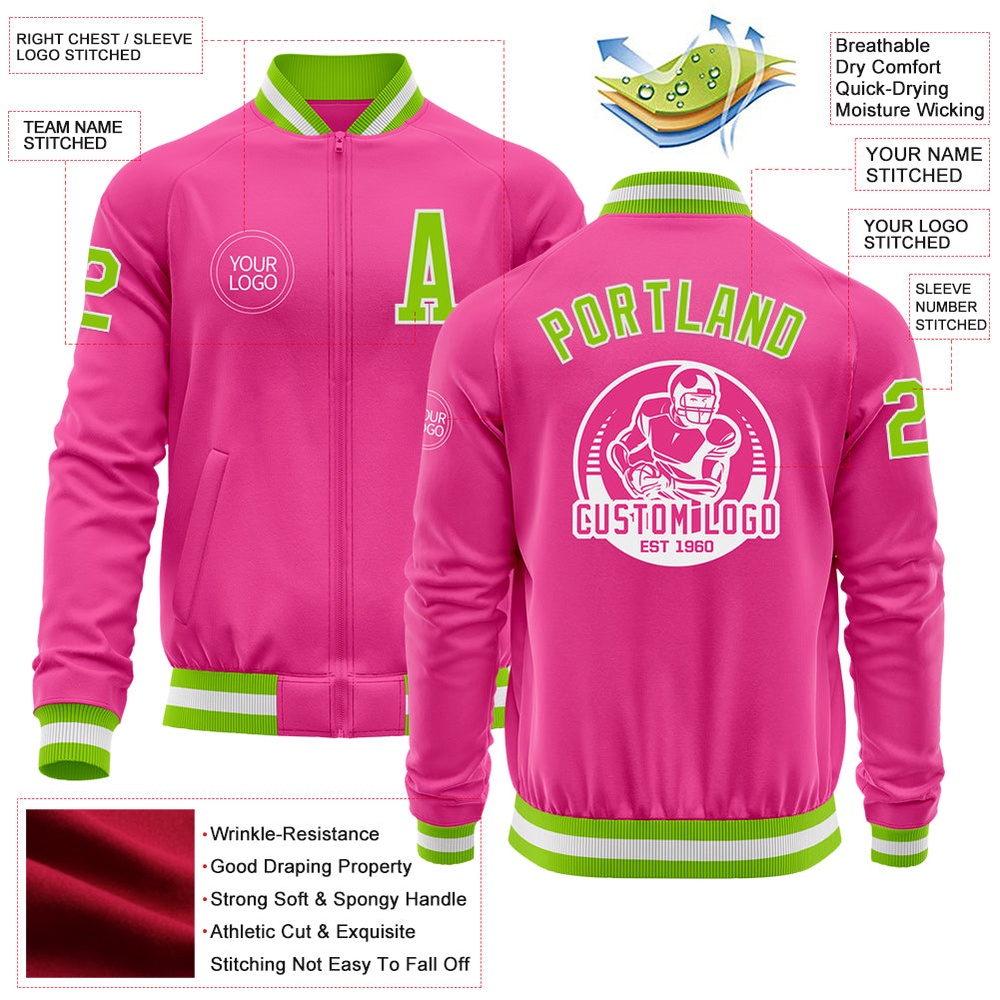 Custom Pink Neon Green White Bomber Varsity Baseball Jacket, Custom Team Jacket Custom Pink Neon Green White Bomber Varsity Baseball Jacket, Custom Team Jacket