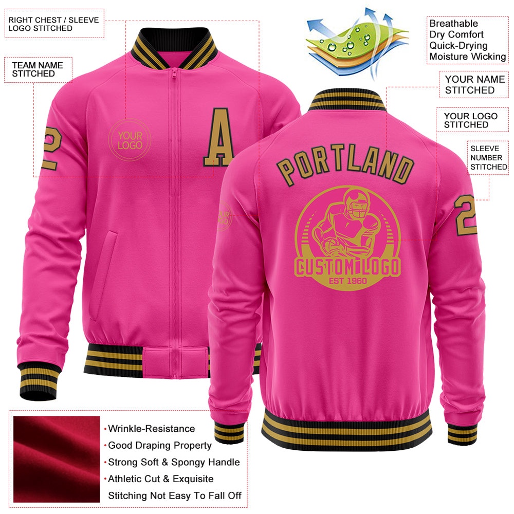 Custom Pink Old Gold Black Bomber Varsity Baseball Jacket, Custom Team Jacket Custom Pink Old Gold Black Bomber Varsity Baseball Jacket, Custom Team Jacket