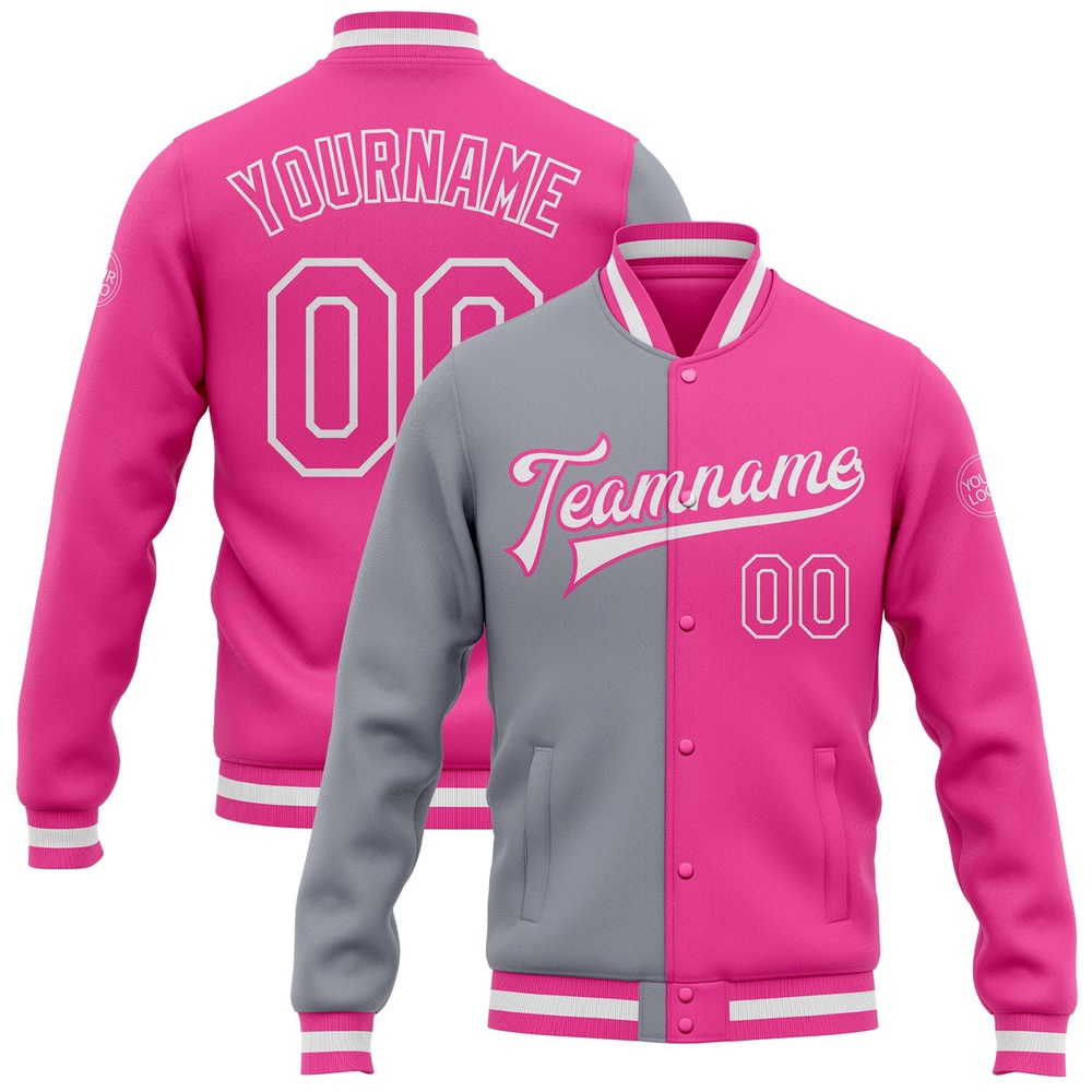 Custom Pink Pink Gray Bomber Full Snap Varsity Letterman Split Fashion Jacket, Custom Team Jacket Custom Pink Pink Gray Bomber Full Snap Varsity Letterman Split Fashion Jacket, Custom Team Jacket