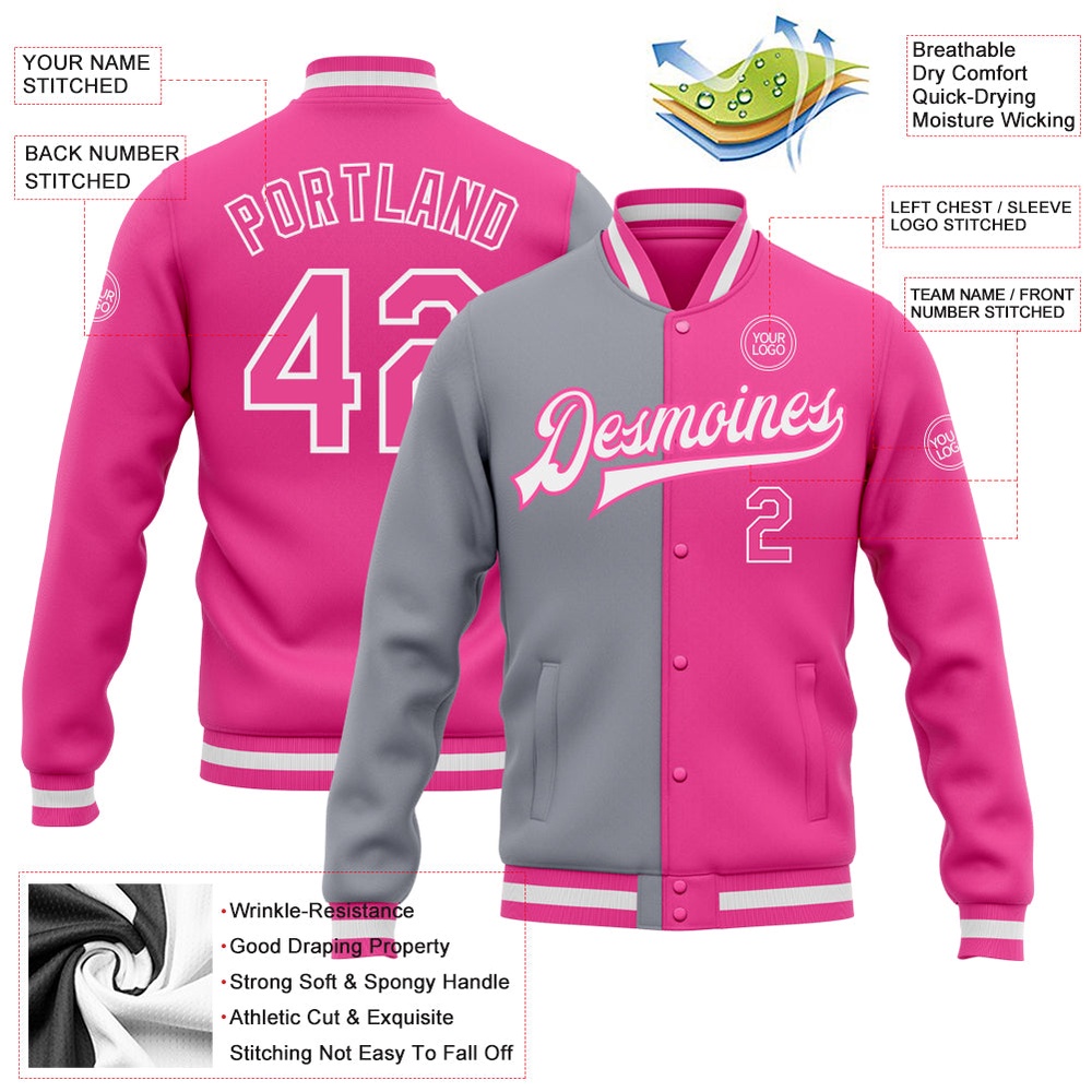 Custom Pink Pink Gray Bomber Full Snap Varsity Letterman Split Fashion Jacket, Custom Team Jacket Custom Pink Pink Gray Bomber Full Snap Varsity Letterman Split Fashion Jacket, Custom Team Jacket