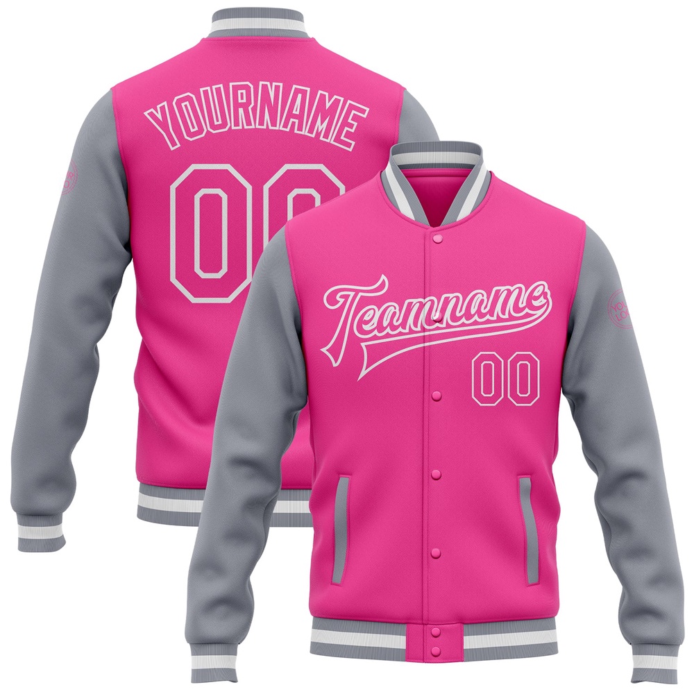 Custom Pink Pink Gray White Bomber Full Snap Varsity Baseball Jacket, Custom Team Jacket Custom Pink Pink Gray White Bomber Full Snap Varsity Baseball Jacket, Custom Team Jacket