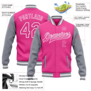 Custom Pink Pink Gray White Bomber Full Snap Varsity Baseball Jacket Custom Team Jacket 2 gibnni.jpg