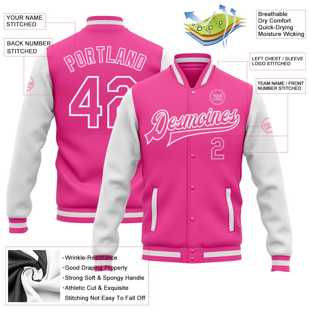 Custom Pink Pink White Bomber Full Snap Varsity Baseball Jacket, Custom Team Jacket Custom Pink Pink White Bomber Full Snap Varsity Baseball Jacket, Custom Team Jacket