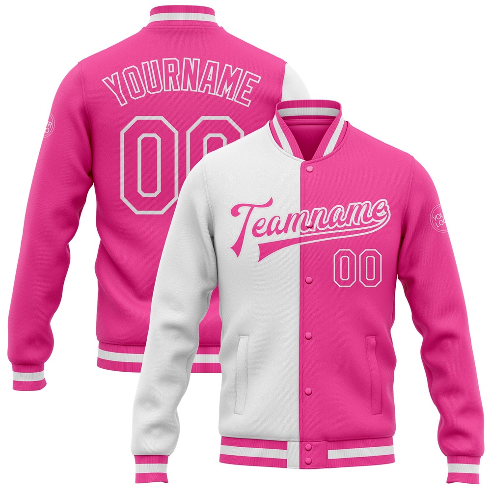 Custom Pink Pink White Bomber Full Snap Varsity Letterman Split Fashion Jacket, Custom Team Jacket Custom Pink Pink White Bomber Full Snap Varsity Letterman Split Fashion Jacket, Custom Team Jacket